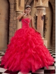 Discount Coral Red Ball Gown Sweetheart Floor-length Ruffles Organza Quinceanera Dress