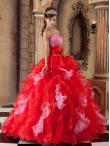 Discount Red Ball Gown Strapless Floor-length Organza Beading and Ruffles Quinceanera Dress