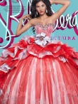 Discount Beaded Top and Handcrafted Flowers Detachable Quinceanera Dresses in Red and Silver