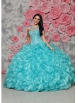 Discount See Through Scoop Beaded and Ruffled Aqua Blue Quinceanera Gown