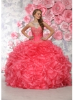Discount Wonderful Beaded and Ruffled Coral Red Quinceanera Dress in Organza