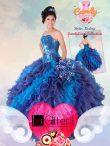 Discount Sleeveless Floor Length Appliques and Ruffles and Sequins Lace Up 15 Quinceanera Dress with Multi-color