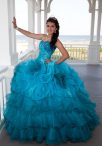 Discount High Quality Sleeveless Tulle Floor Length Lace Up Sweet 16 Dress in Teal with Beading and Ruffles and Ruffled Layers