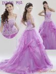 Discount Custom Fit Scalloped Sleeveless 15 Quinceanera Dress Brush Train Lace and Ruffles and Hand Made Flower Lilac Organza