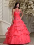 Discount High Quality Coral Red Ball Gowns Halter Top Sleeveless Organza Floor Length Lace Up Appliques and Pick Ups Sweet 16 Dress