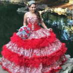 Discount Modest Red Lace Up Strapless Lace and Ruffled Layers 15 Quinceanera Dress Tulle Sleeveless