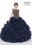 Discount High End Sweep Train Ball Gowns Quinceanera Gown Navy Blue Scoop Organza Sleeveless Lace Up