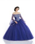 Discount Beautiful Ball Gowns Quince Ball Gowns Royal Blue Off The Shoulder Tulle Long Sleeves Floor Length Lace Up