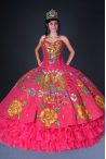 Discount Beading and Embroidery Quinceanera Dresses Red Lace Up Sleeveless Floor Length